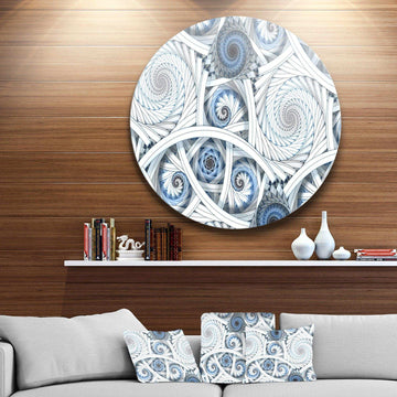 White Spiral with Blue Fractal Art - Abstract Circle Metal Wall Decor